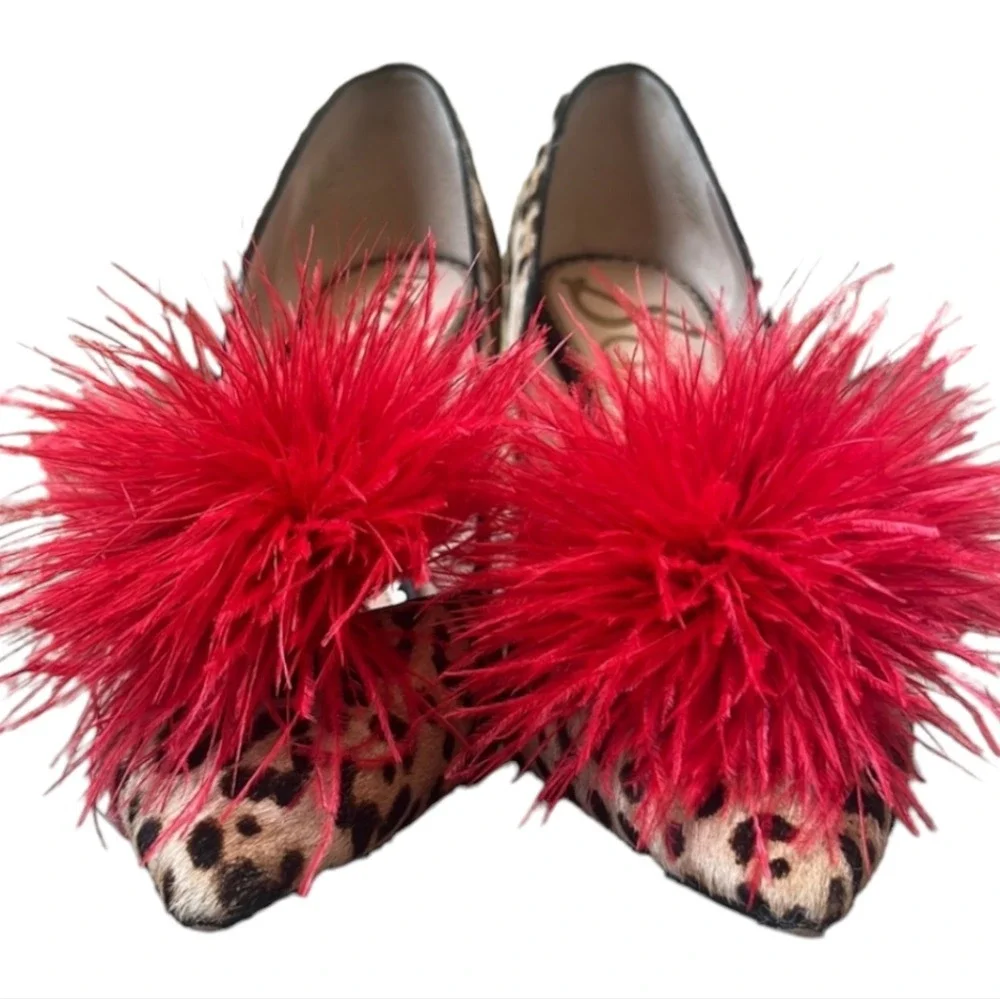 Sam‎ Edelman Leopard Print Heels with Red Feather Pom Poms Pointed Toe Size 6